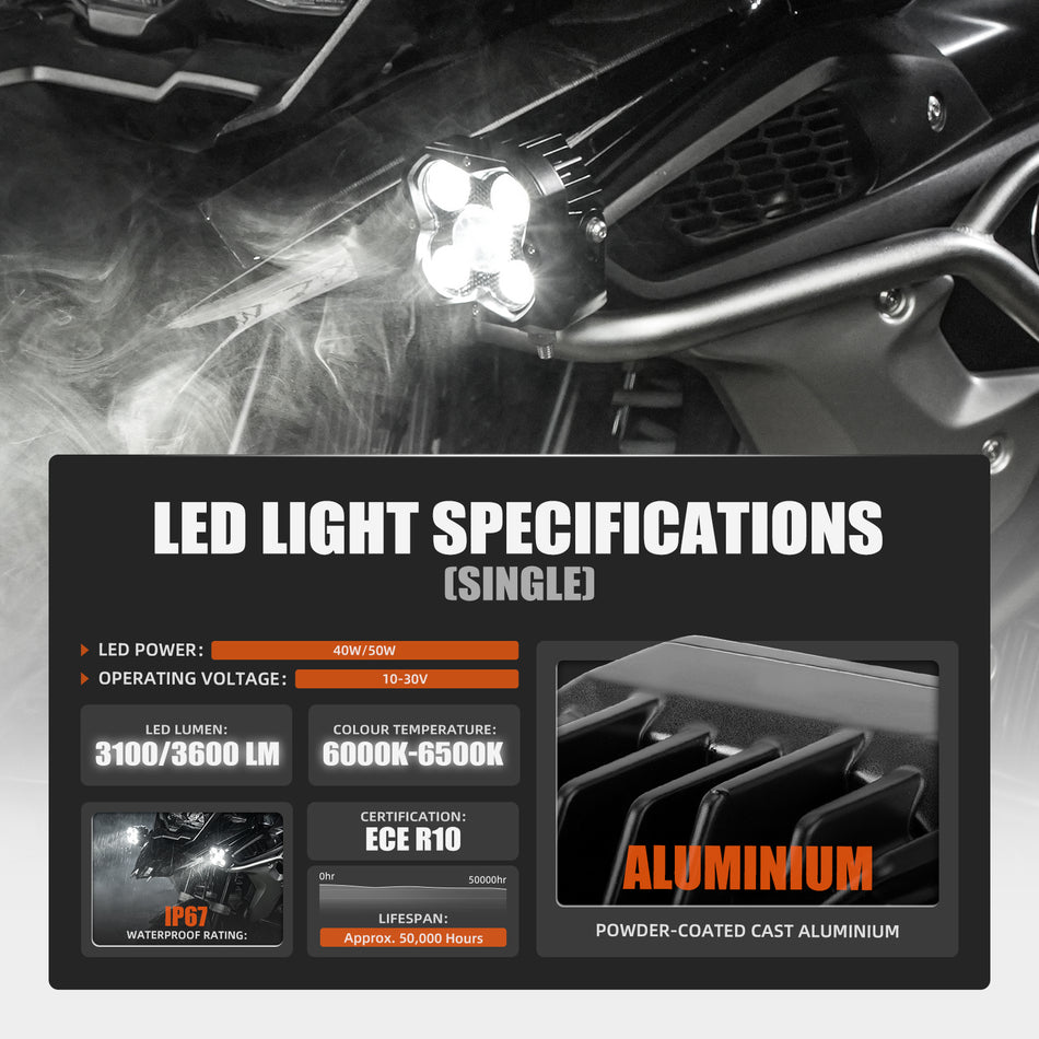 BEVINSEE Universal  50W 3600 Lumen LED Auxiliary Lights for Motorcycle Car Off-road Adventure