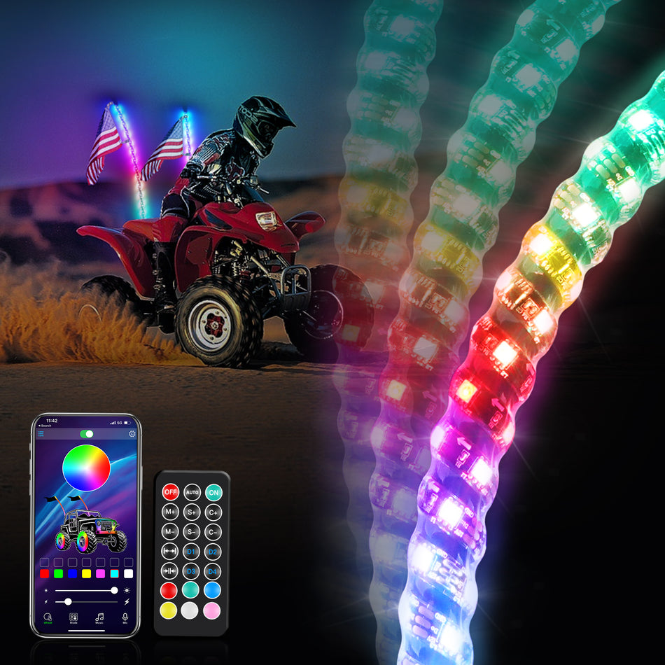 2x LED Flagpole Whip Lights App&Remote Control Multi-color RGB Chasing Lighted Antenna Whips for UTV ATV Off Road Truck