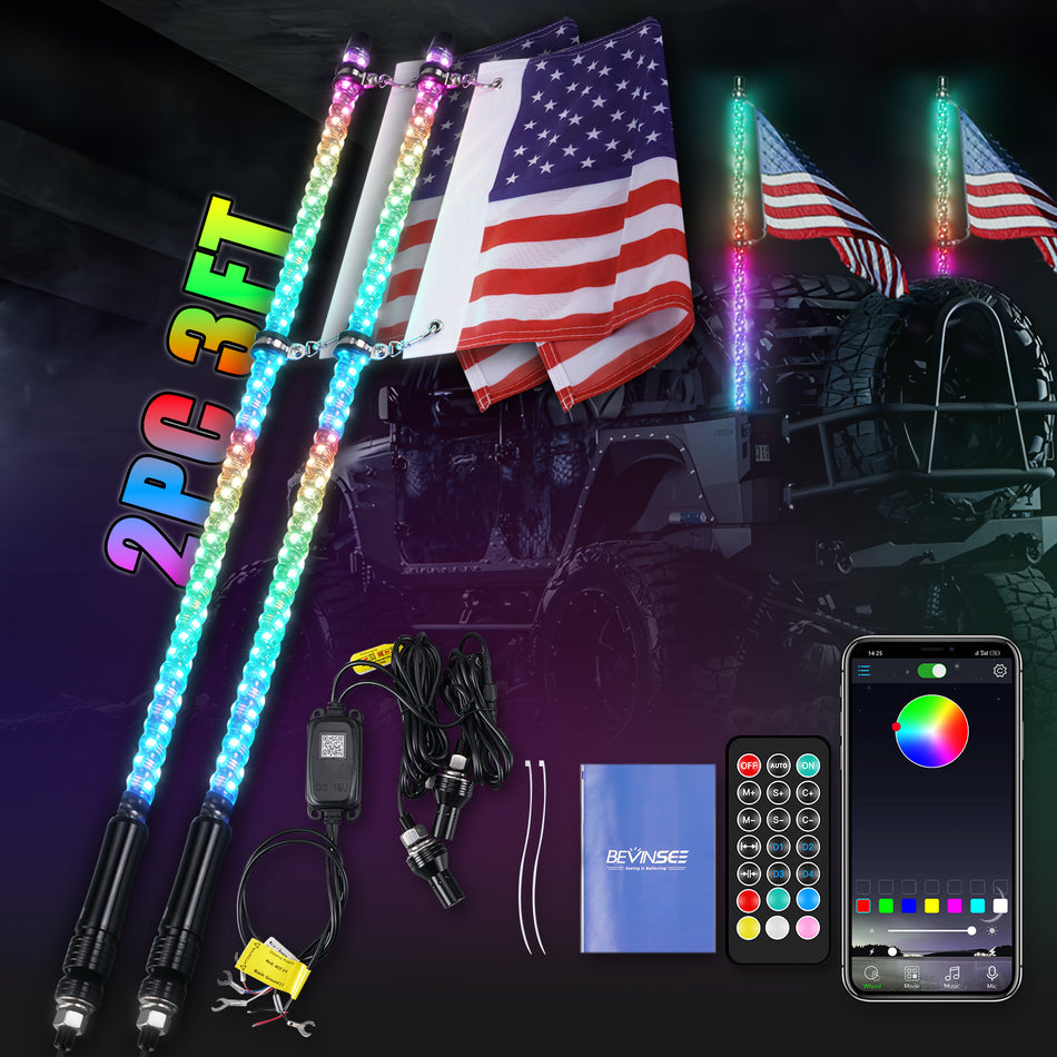 2x LED Flagpole Whip Lights App&Remote Control Multi-color RGB Chasing Lighted Antenna Whips for UTV ATV Off Road Truck