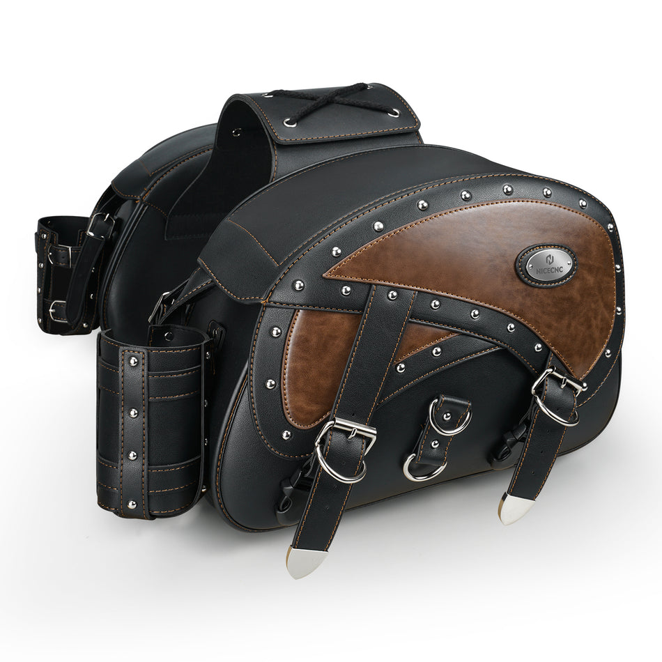NICECNC Universal Vintage 15" Large Quick Release Leather Saddlebag Motorcycle Pannier Saddle Bags for Harley Davidson Road King